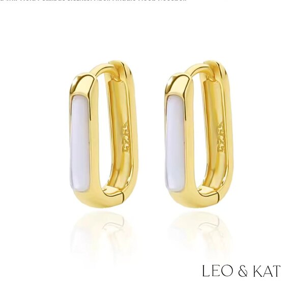 Mother of Pearl Inlay Gold Huggie Earrings. 925 Sterling Silver. #1049